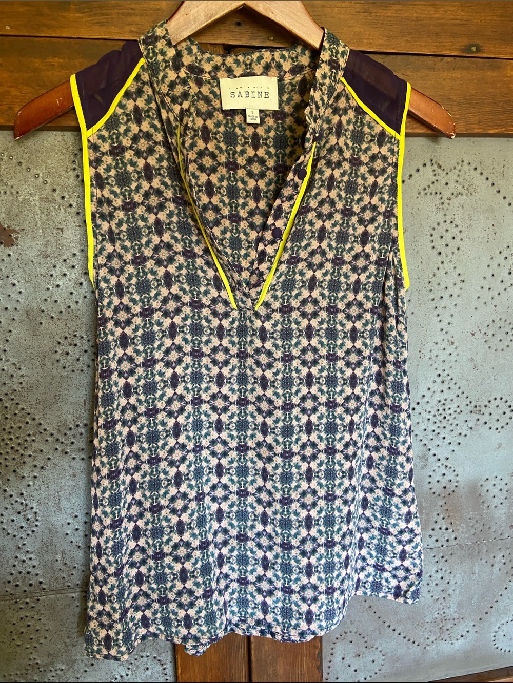 Sabine Silk Geometric Blouse Top Tank Size S